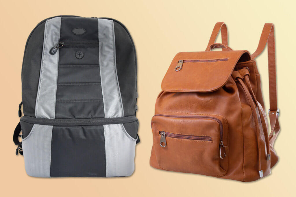 Brown leather backpacks and black and silver backpacks