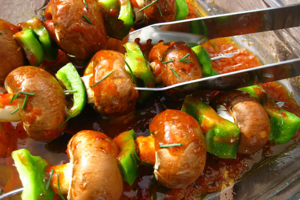 vegetable skewers with bbq tong