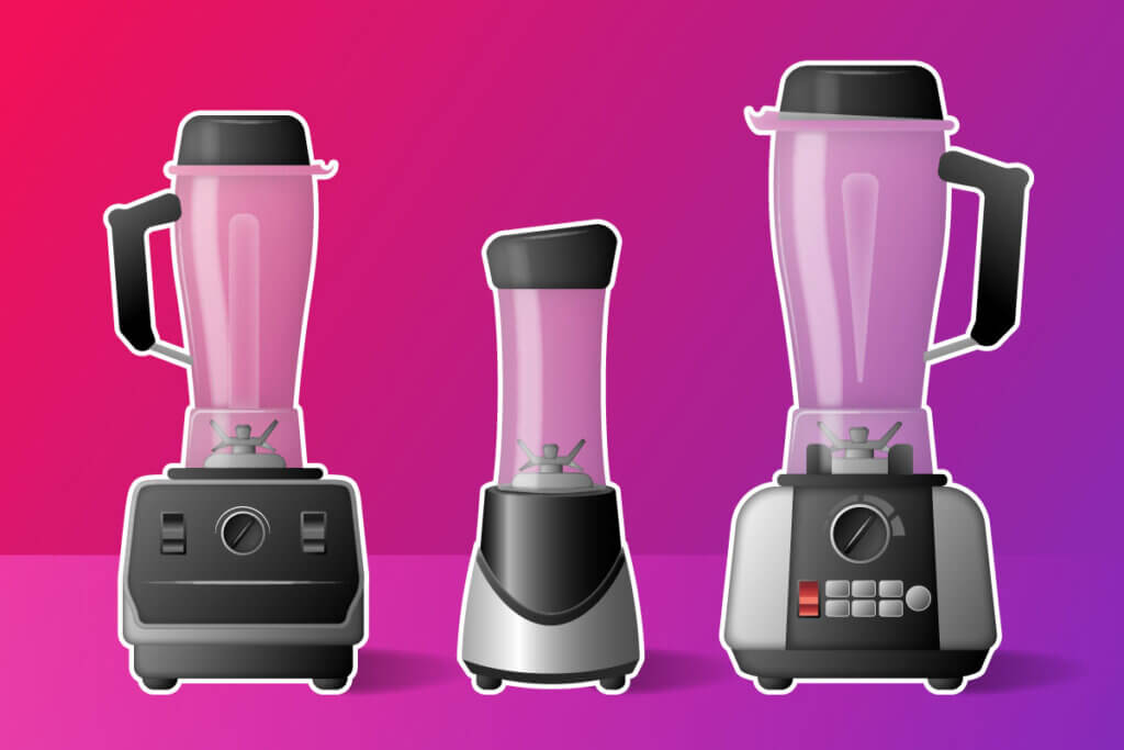 Three typical stand mixer variants: Classic stand mixer (left), smoothie maker (centre), high-performance mixer (right).
