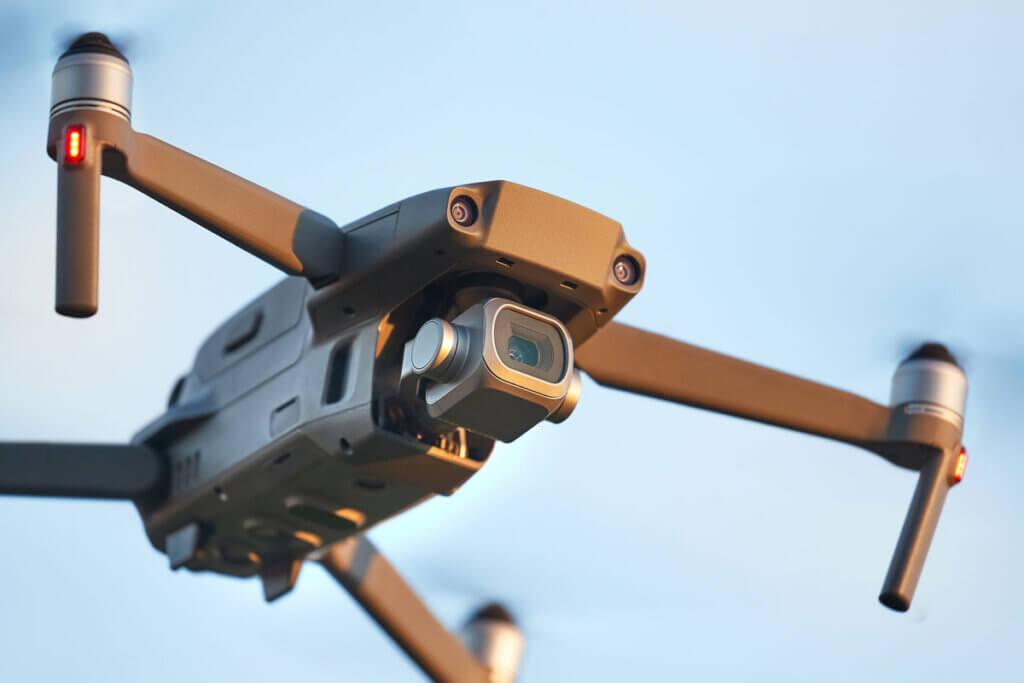 Close-up of a camera drone in the air