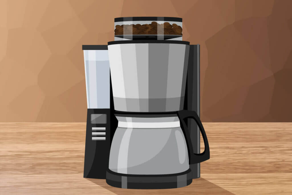 Graphic of coffee maker with grinder and beans