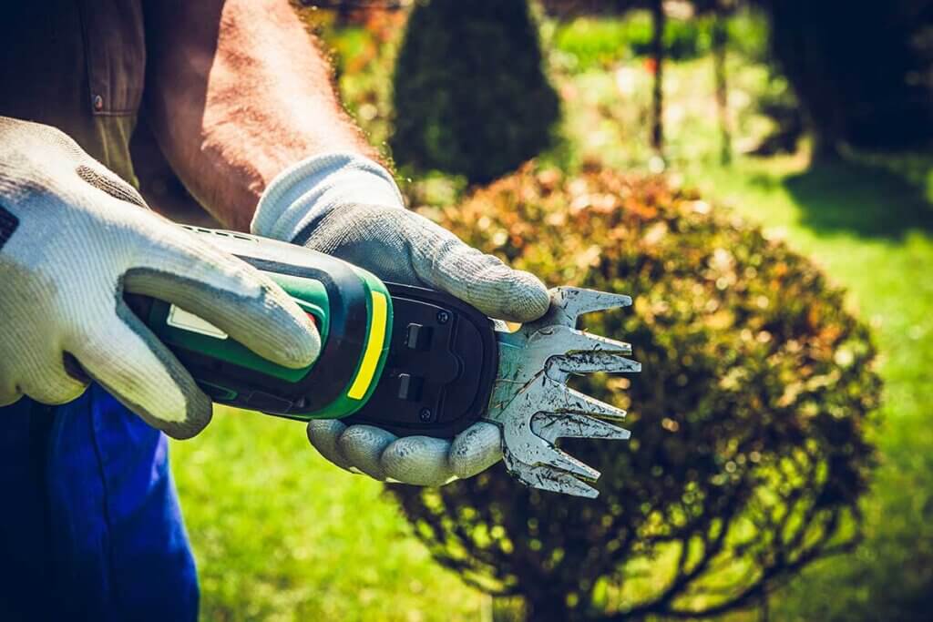 gardener with corldess grass trimmer