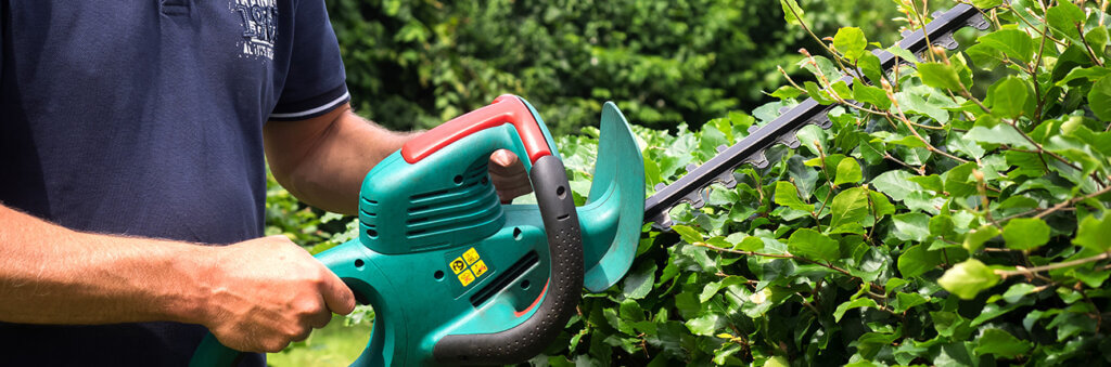 Gardener with cordless hedge trimmer
