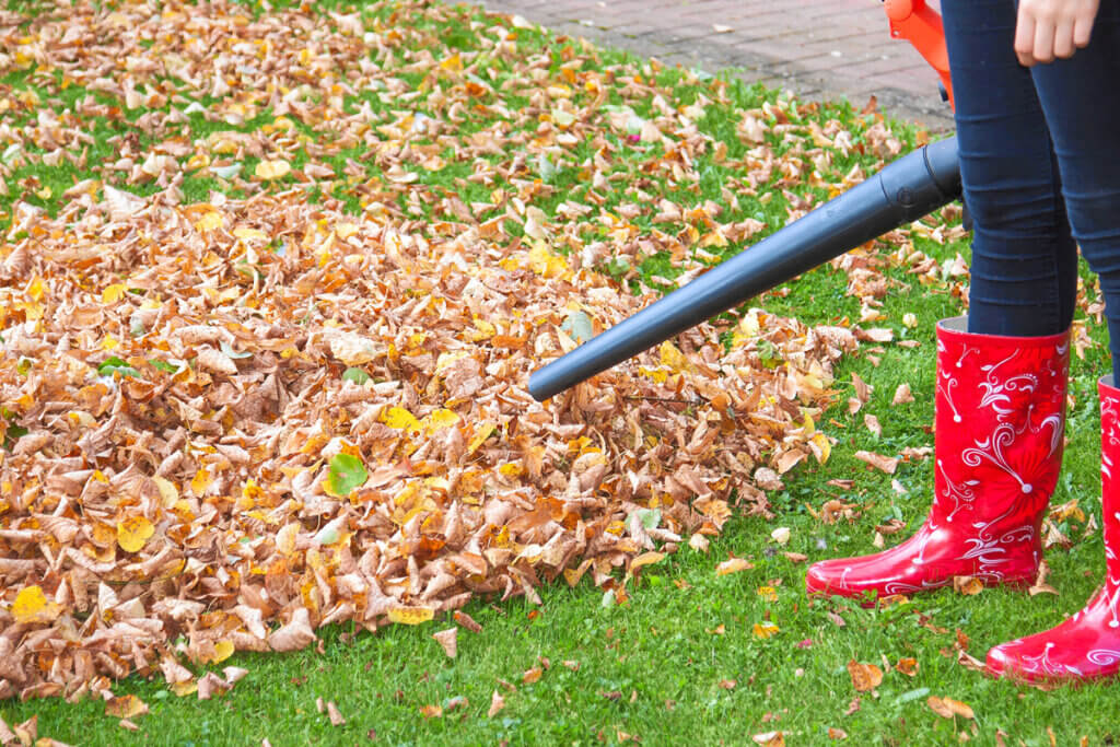 Woman with leaf blower in garden