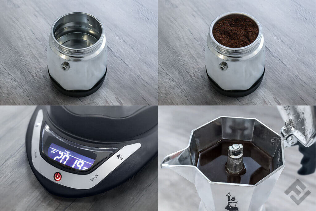 Collage of a Bialetti moka timer: empty boiler, filled boiler, display and controls, coffee in the upper part