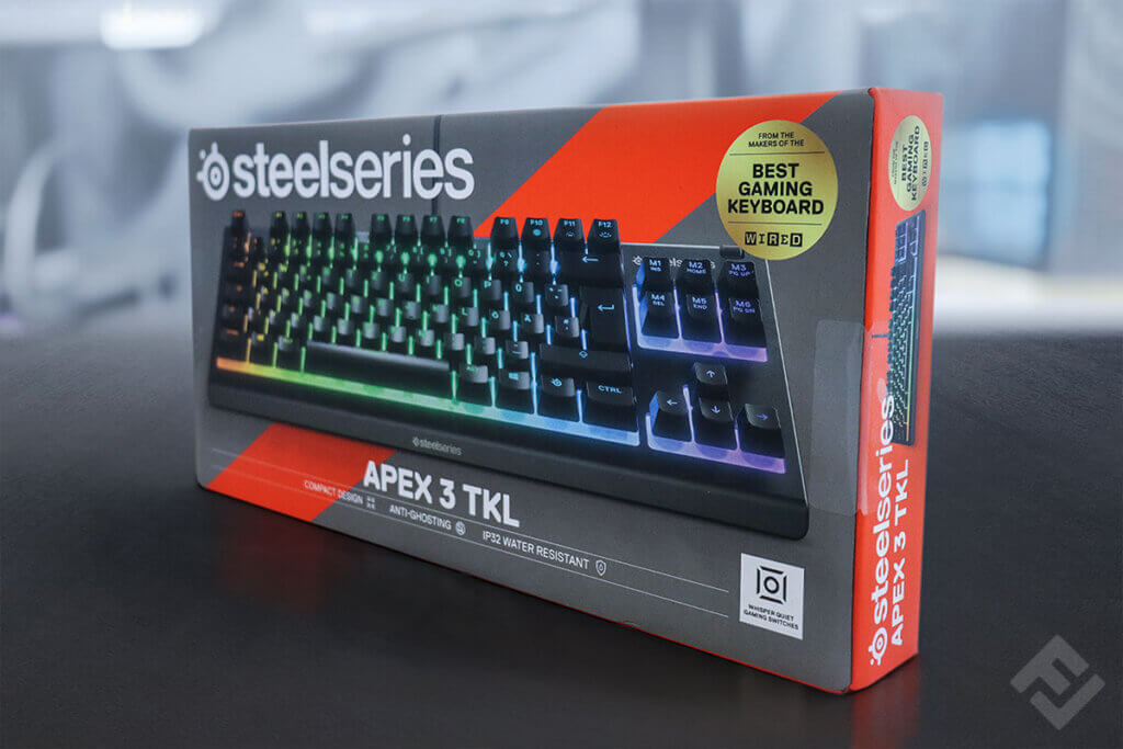 Box of SteelSeries Apex 3 TKL on a table.