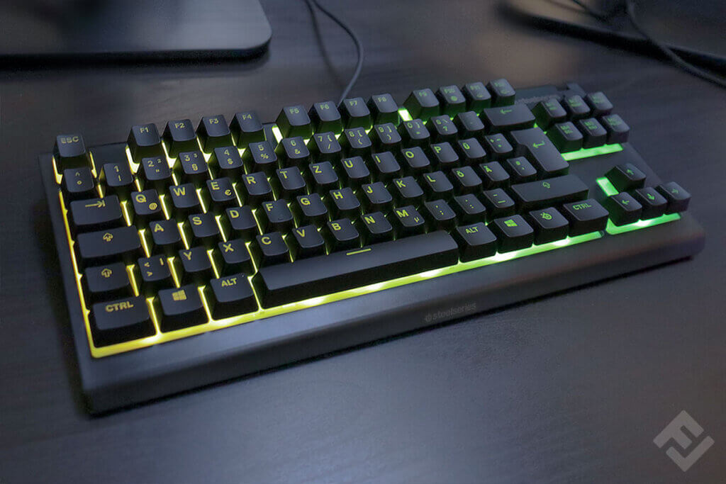 SteelSeries Apex 3 with LEDs on.