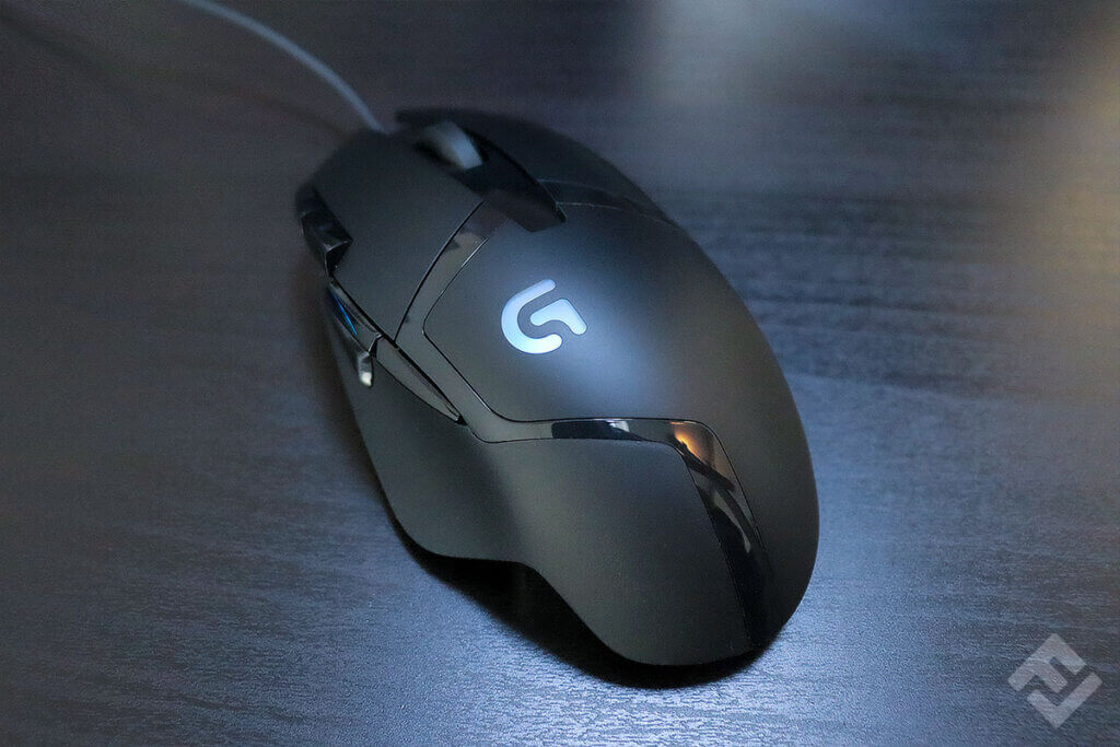 Close-up of a Logitech G402 Hyperion Fury on a table.