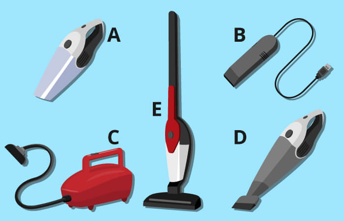 Typical types of hand hoovers: A) Classic hand hoover, B) USB hoover, C) Vacuum cleaner with hose, D) Wet-and-dry hoover, E) 2-in-1 hoover.
