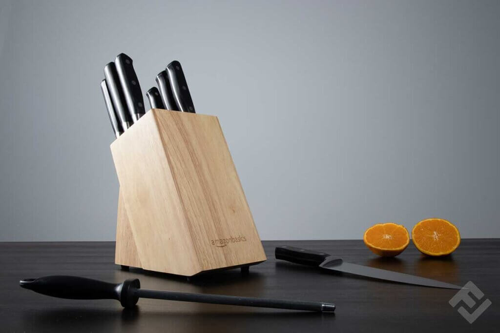 Knife block on black table, a sharpening steel