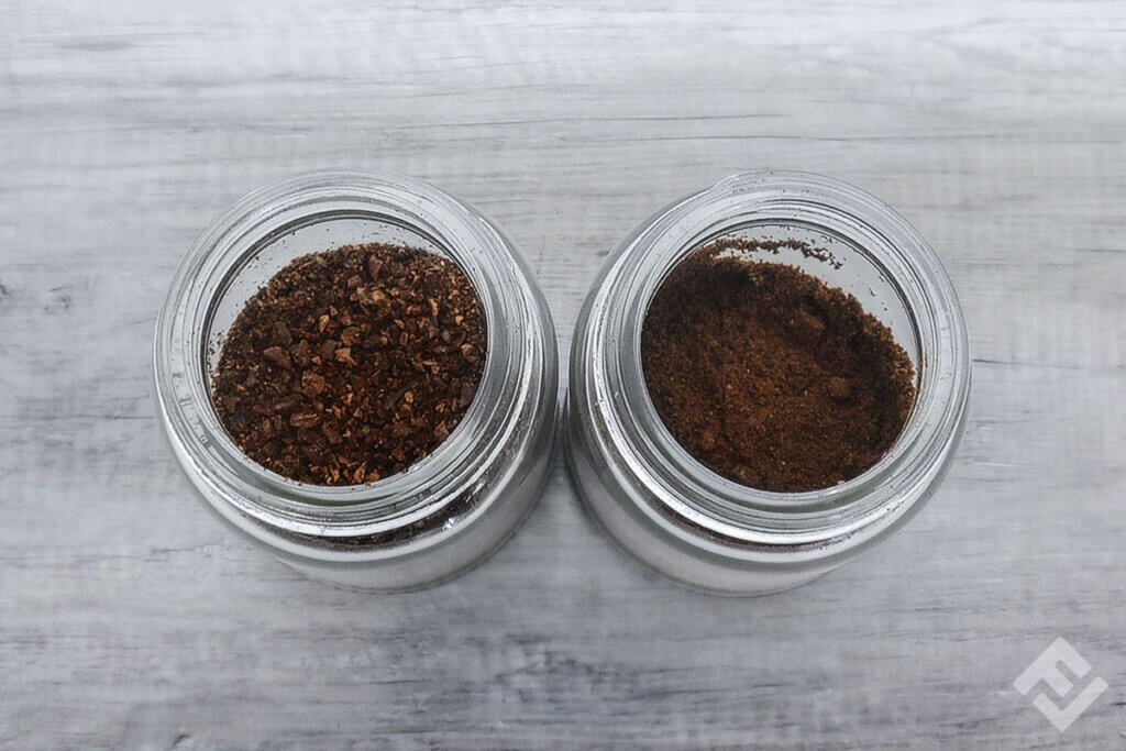 A coarse and a fine grind of coffee beans next to one another.