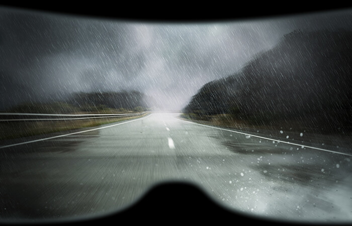 road with unsevere weather through helmet