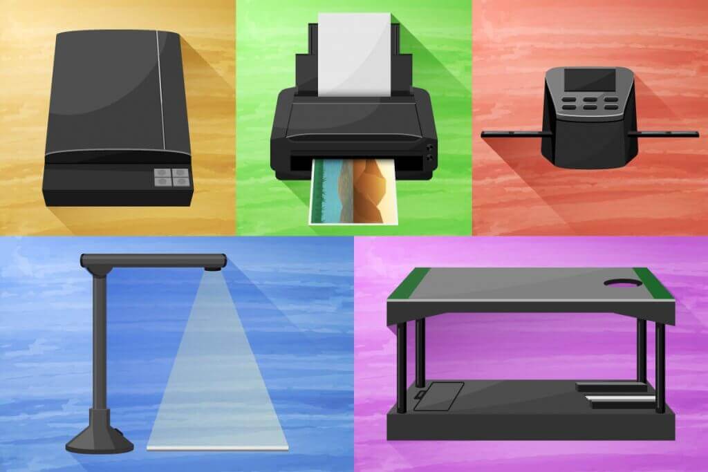 The different types of scanners: flatbed scanner, scanner with feeder, slide and negative scanner as well as the special solutions lamp scanner and holder for smartphone.

