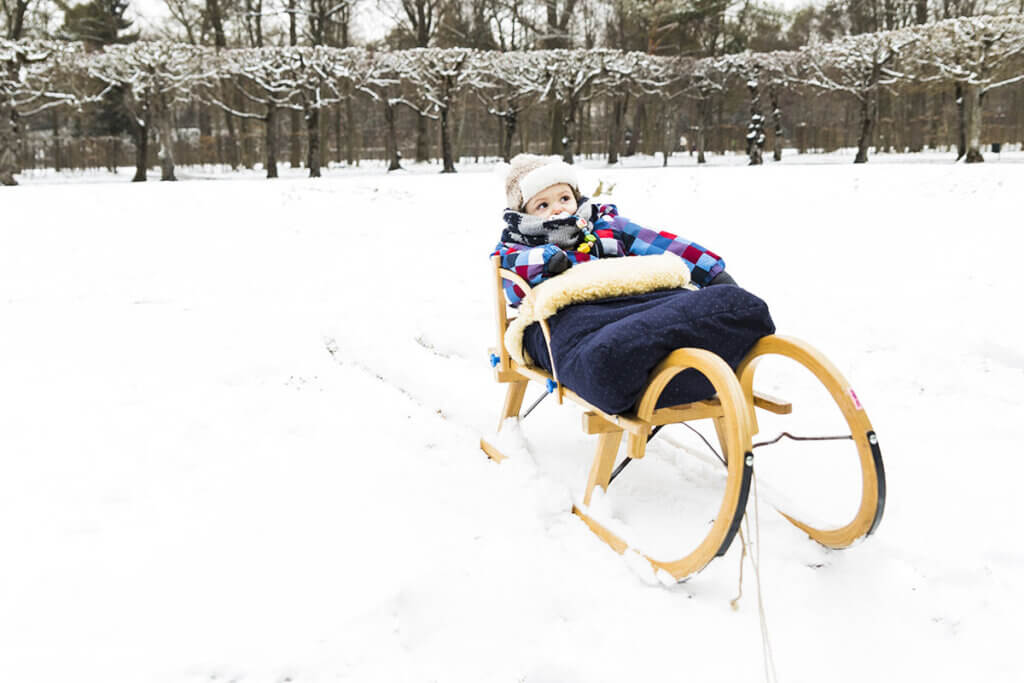 baby on sled in the snow