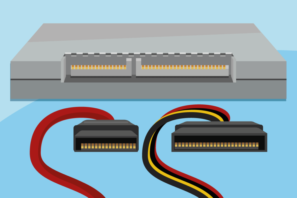 A 2.5-inch SATA SSD is connected by means of two cables.
