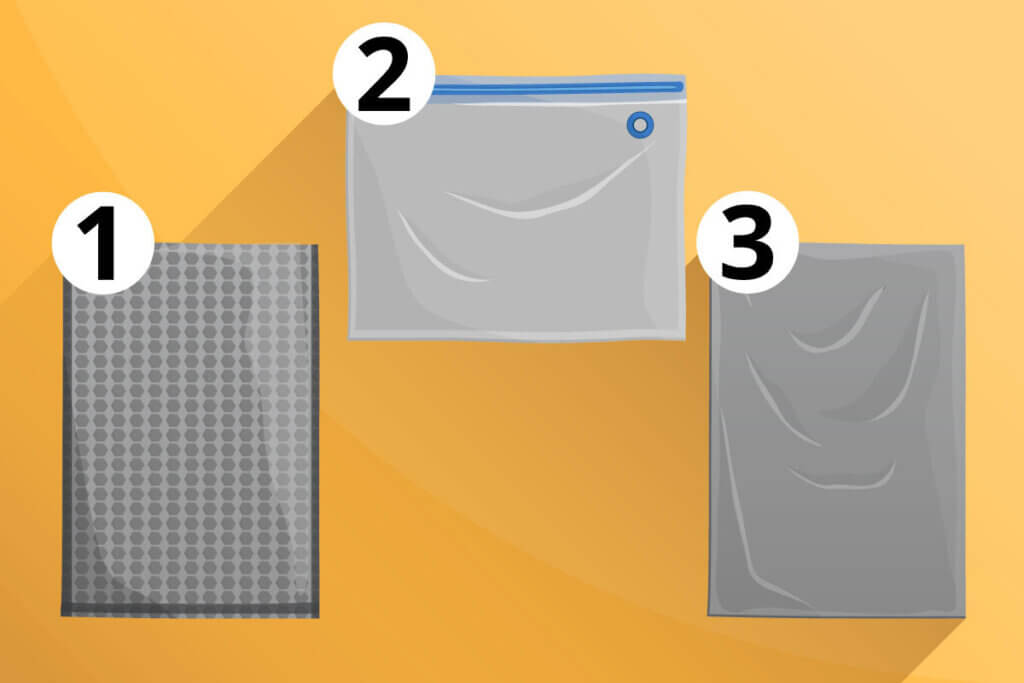 The three different bag types: 1) Bag with honeycomb structure, 2) Bag with zip closure, 3) A plain sealed bag.
