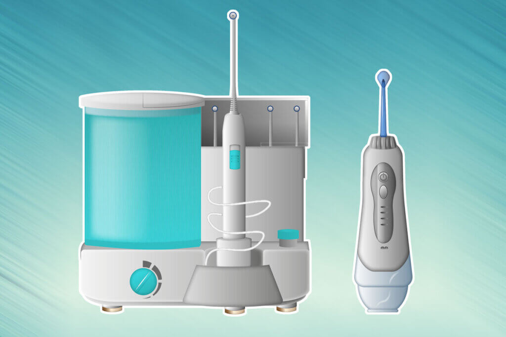 A dental centre (left) and a portable oral irrigator (right) in comparison.
