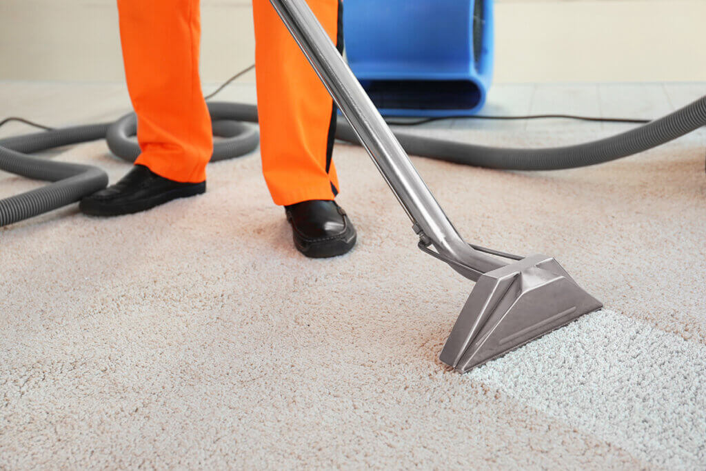 person cleans white carpet with wet vacuum cleaner